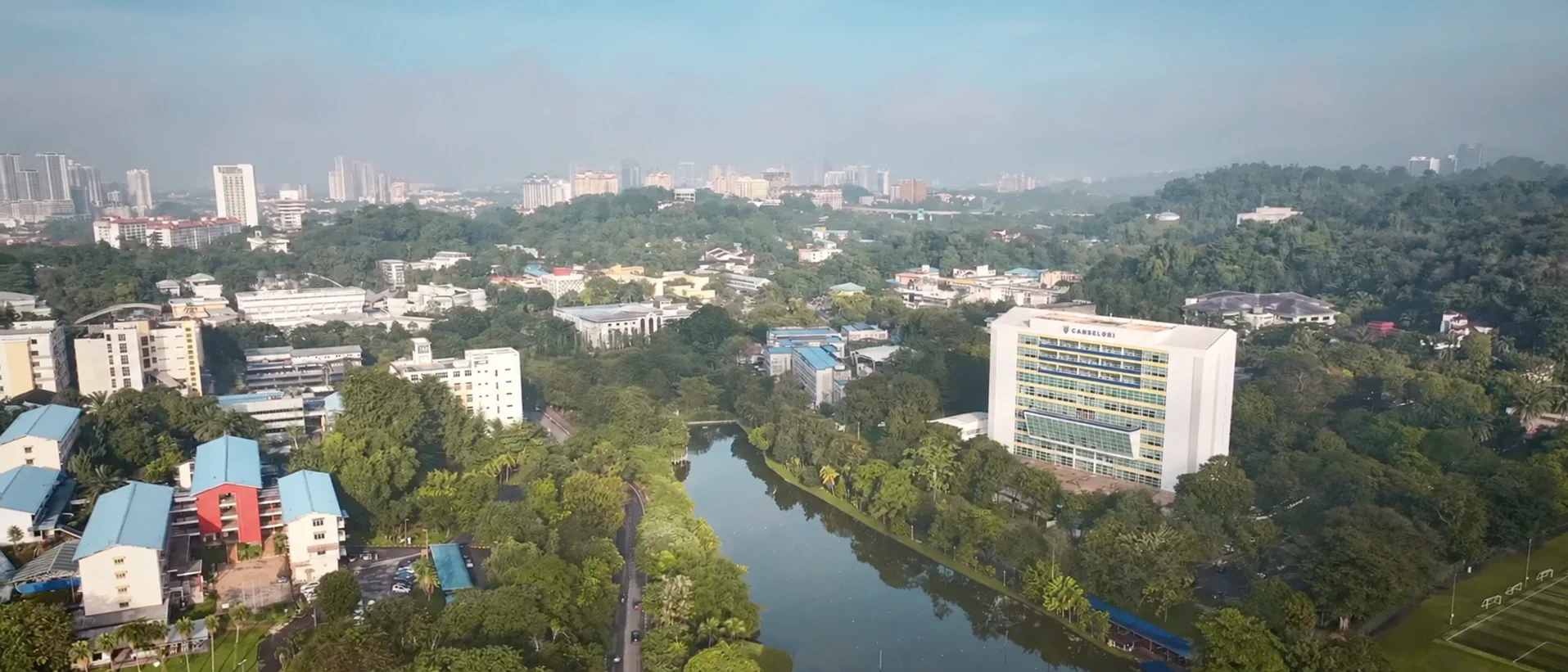 Aerial view of Universiti Malaya, including Canselori and Varsity Lake